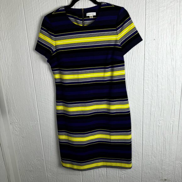 Calvin Klein Women's Stripes Shift Dress Blue Yellow Black Size 8 Above Knee - Picture 11 of 11